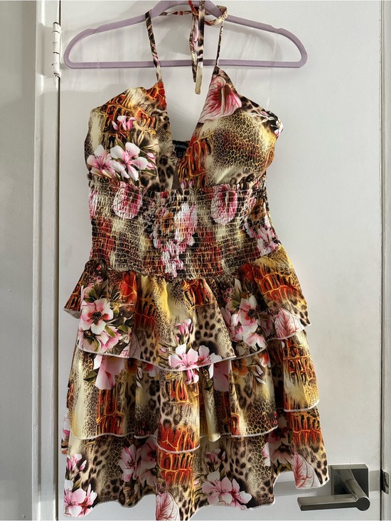 Fusionista Dresses & Skirts - Fusionista Floral Animal Print Ruffle Halter Mini Dress Size XL $60